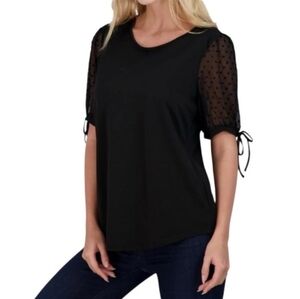 ADRIANNA PAPELL Sheer Swiss Dot Short Sleeve Top Size Small